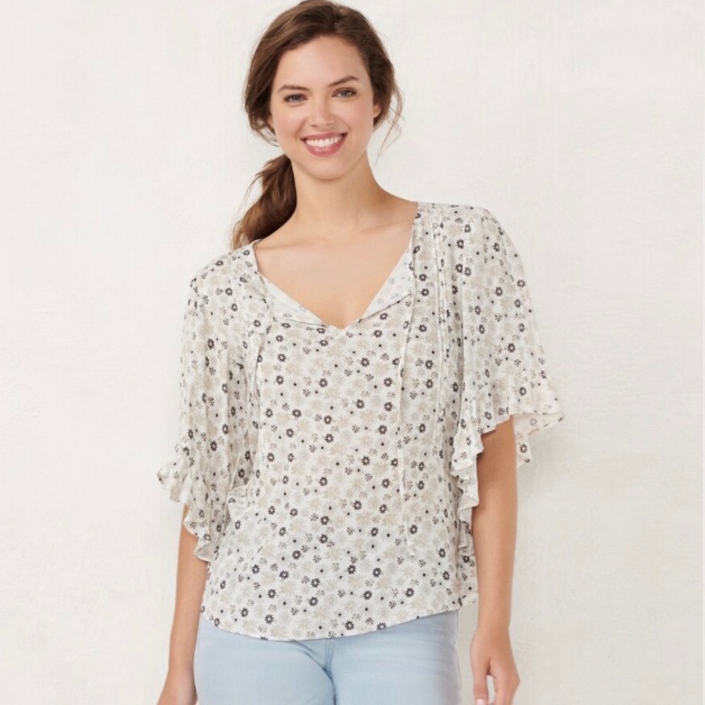 Lauren Conrad Floral Flounce-Sleeve Blouse